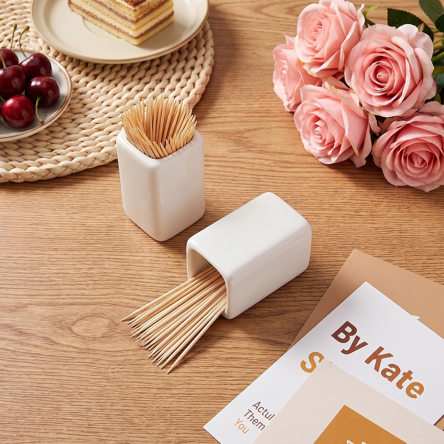 2 Pcs Tooth Pick Holder Ceramic Toothpick Dispenser White thumbnail