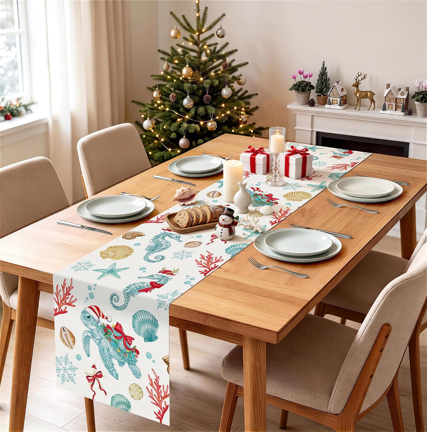Bonhause Christmas Coastal Table Runner 210 GSM 13x72 Inch Xmas Decor thumbnail