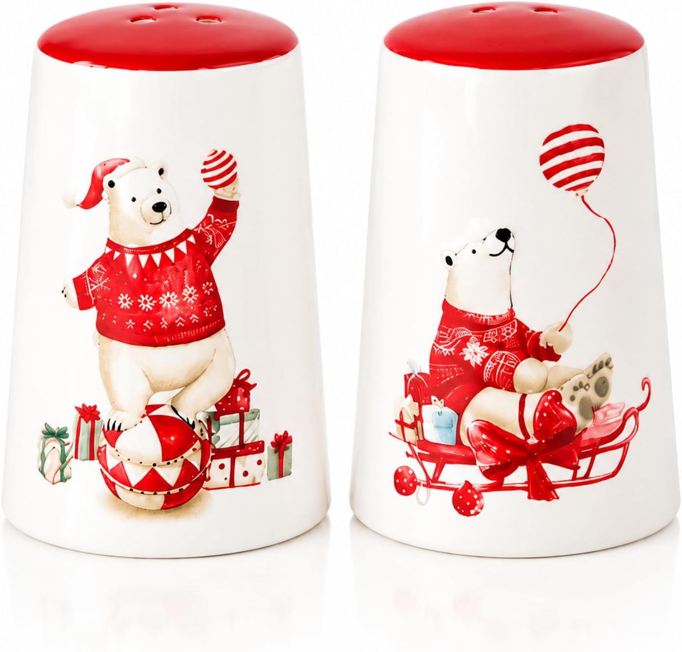 Christmas Salt and Pepper Shakers Set of 2, Ceramic Polar Bear Salt & Pepper Shakers, Cute Holiday Seasoning Shaker Set, Christmas Kitchen Decor for Dining Table, Winter Farmhouse Gift