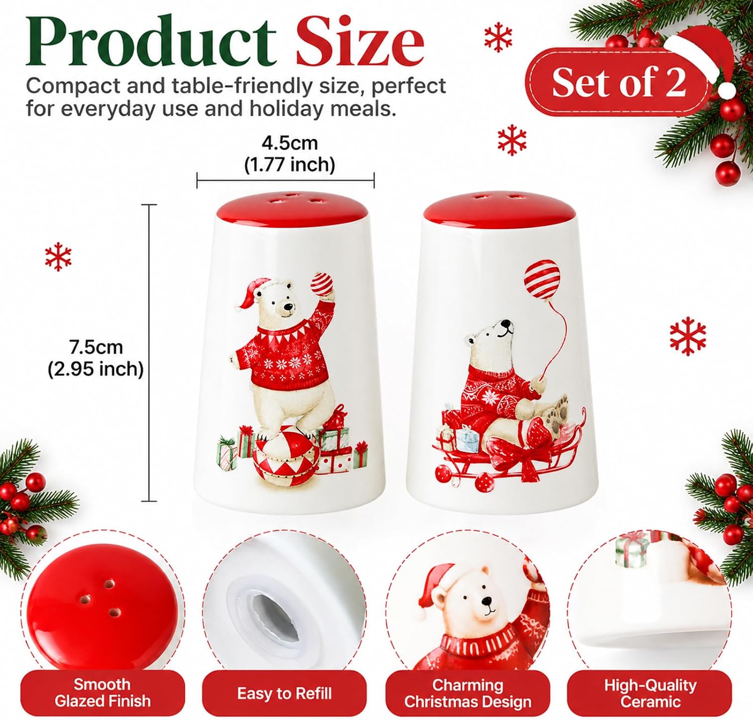Christmas Salt and Pepper Shakers Set of 2, Ceramic Polar Bear Salt & Pepper Shakers, Cute Holiday Seasoning Shaker Set, Christmas Kitchen Decor for Dining Table, Winter Farmhouse Gift thumbnail