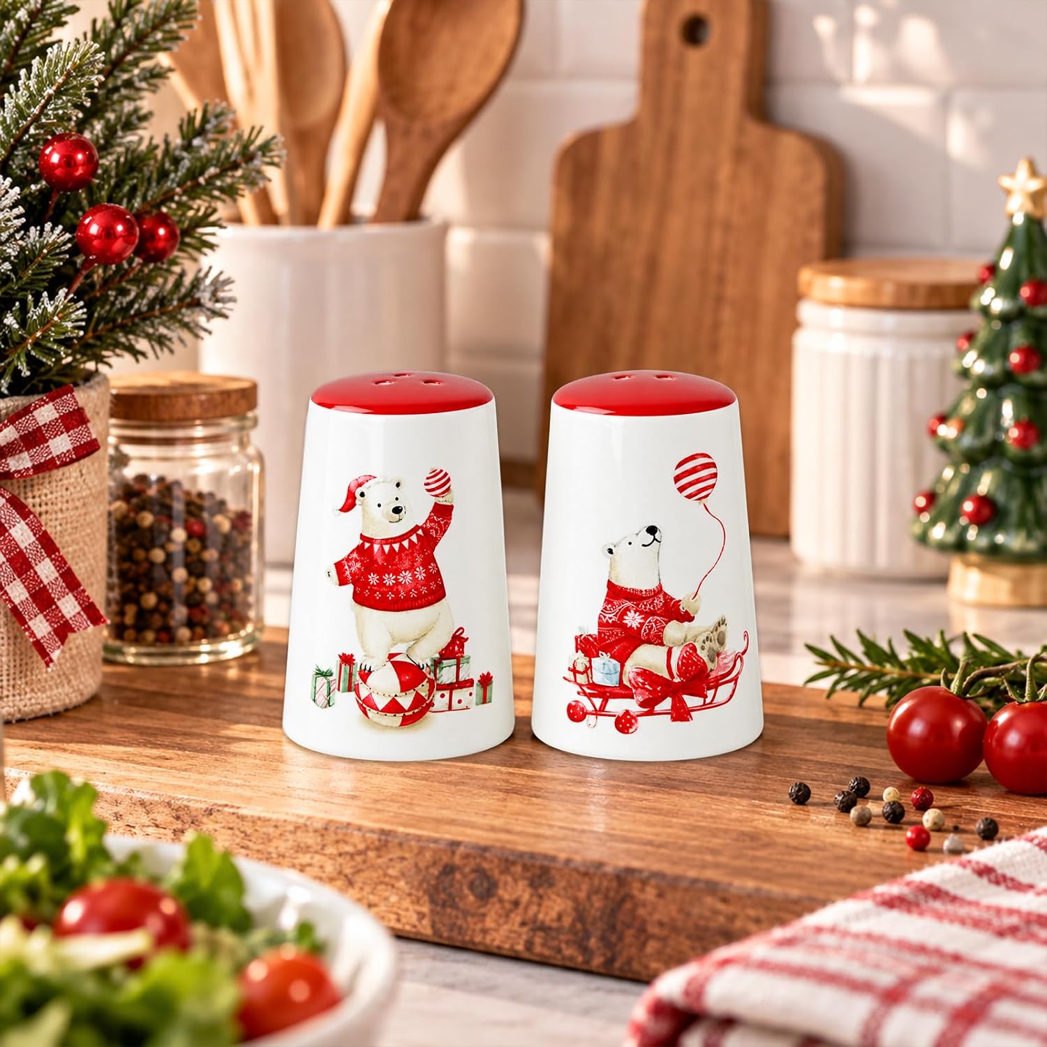 Christmas Salt and Pepper Shakers Set of 2, Ceramic Polar Bear Salt & Pepper Shakers, Cute Holiday Seasoning Shaker Set, Christmas Kitchen Decor for Dining Table, Winter Farmhouse Gift thumbnail