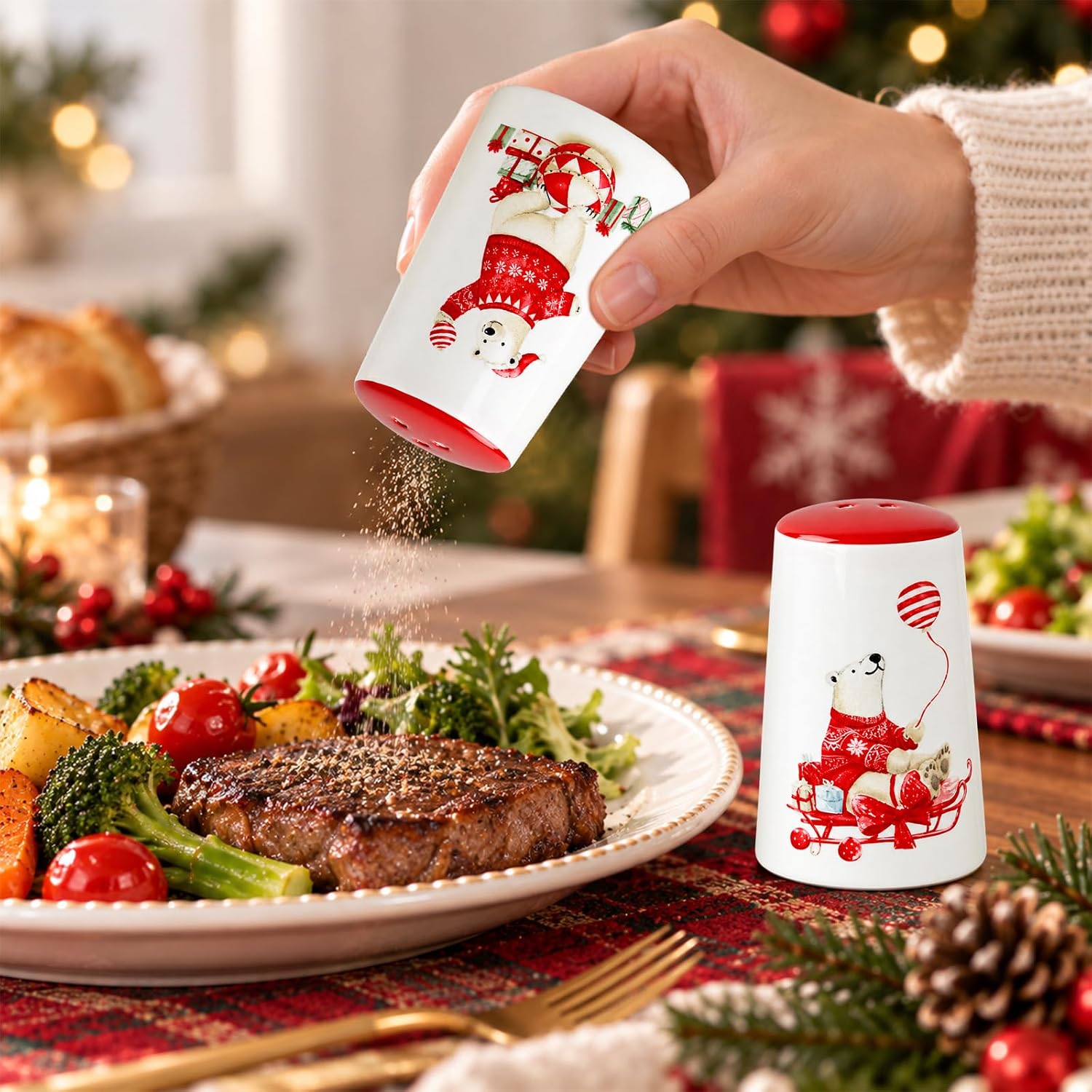 Christmas Salt and Pepper Shakers Set of 2, Ceramic Polar Bear Salt & Pepper Shakers, Cute Holiday Seasoning Shaker Set, Christmas Kitchen Decor for Dining Table, Winter Farmhouse Gift thumbnail