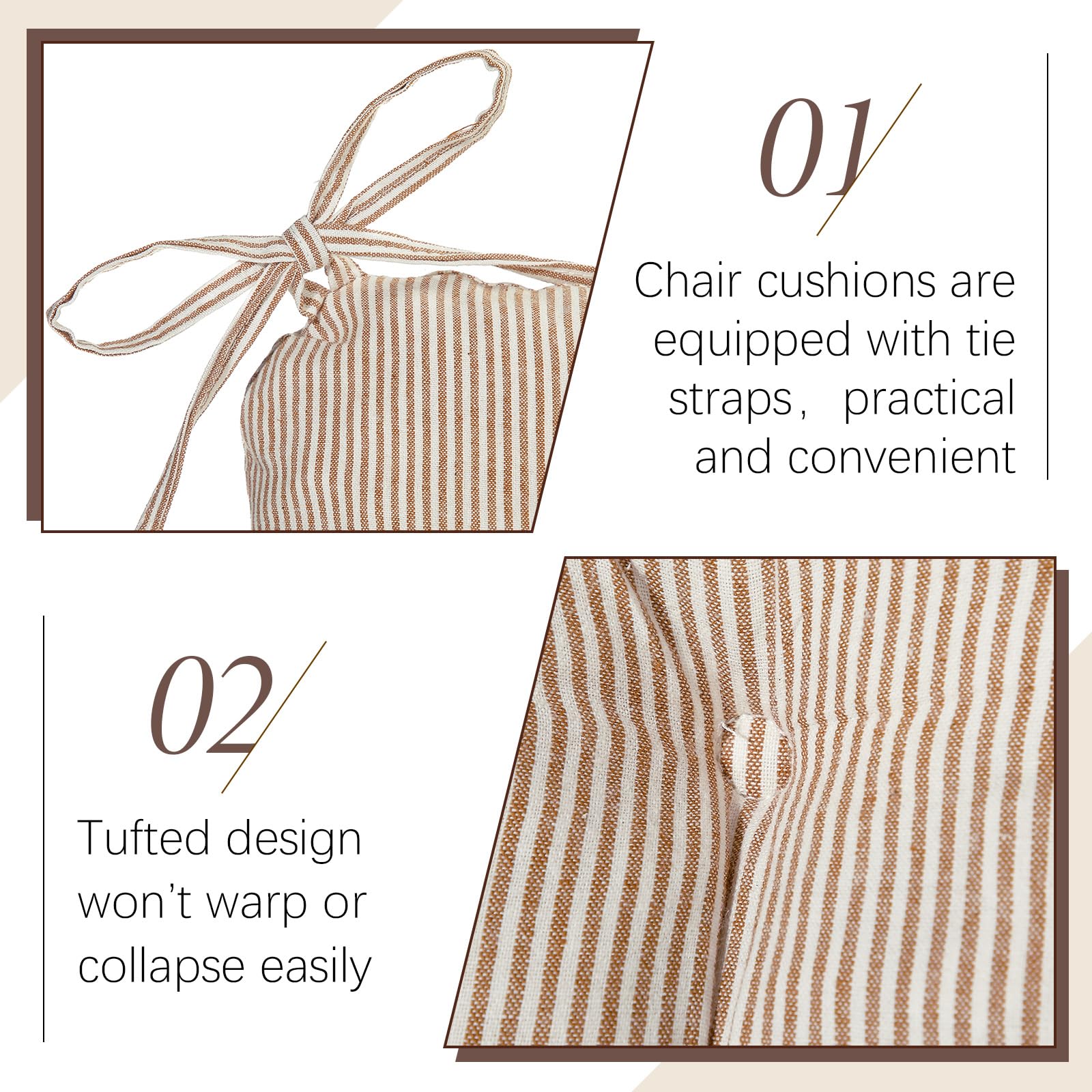 Geetery Brown and White Stripe Chair Cushions Set of 4 with Ties thumbnail
