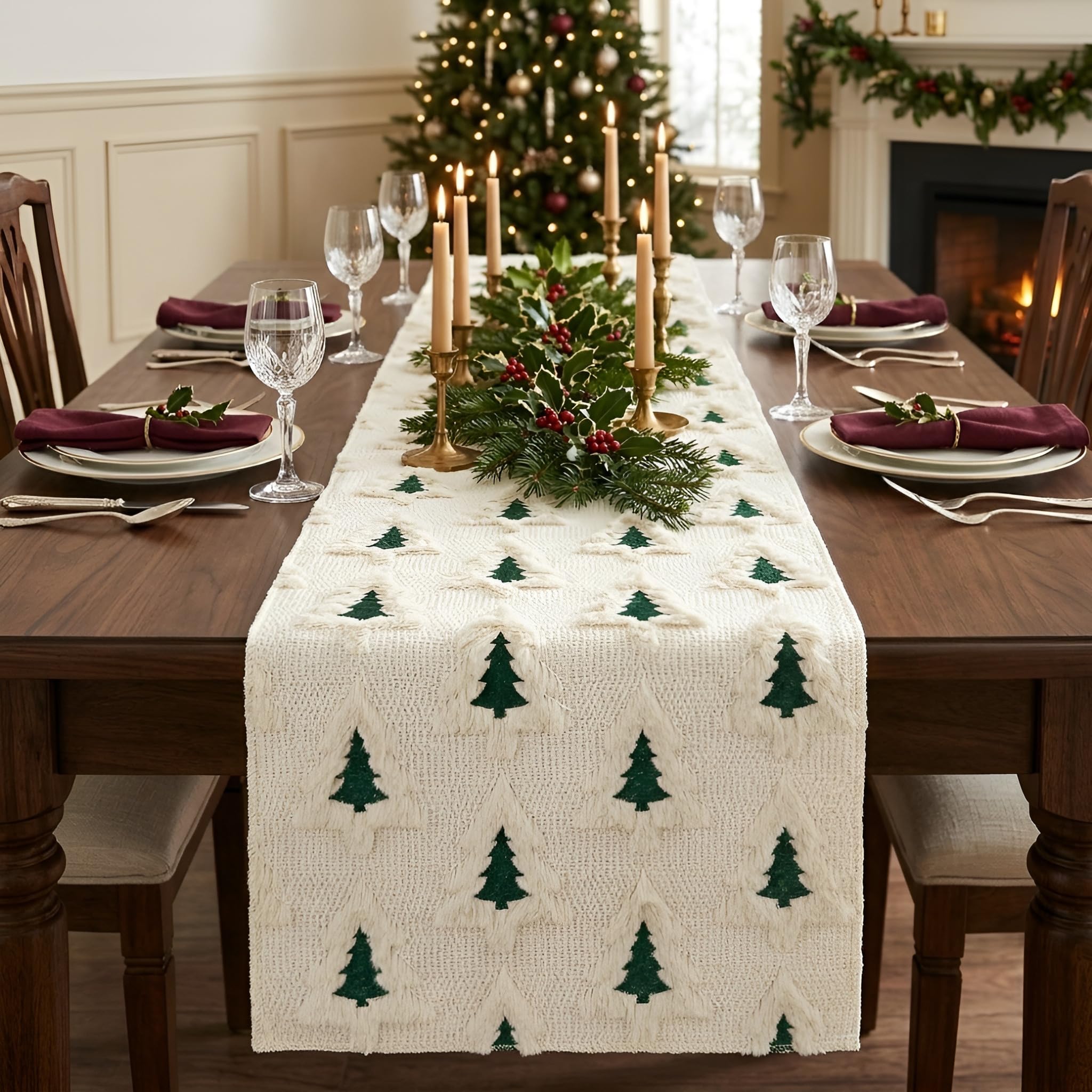 Christmas Table Runner 13x72 Inch Christmas Tree Beige Soft Plush Faux Fur Jacquard Winter Table Runner Kitchen Dining Table Christmas Decoration for Home Party Decor