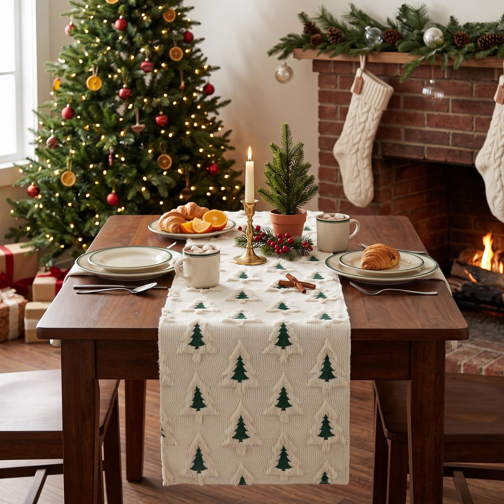 Christmas Table Runner 13x72 Inch Christmas Tree Beige Soft Plush Faux Fur Jacquard Winter Table Runner Kitchen Dining Table Christmas Decoration for Home Party Decor thumbnail