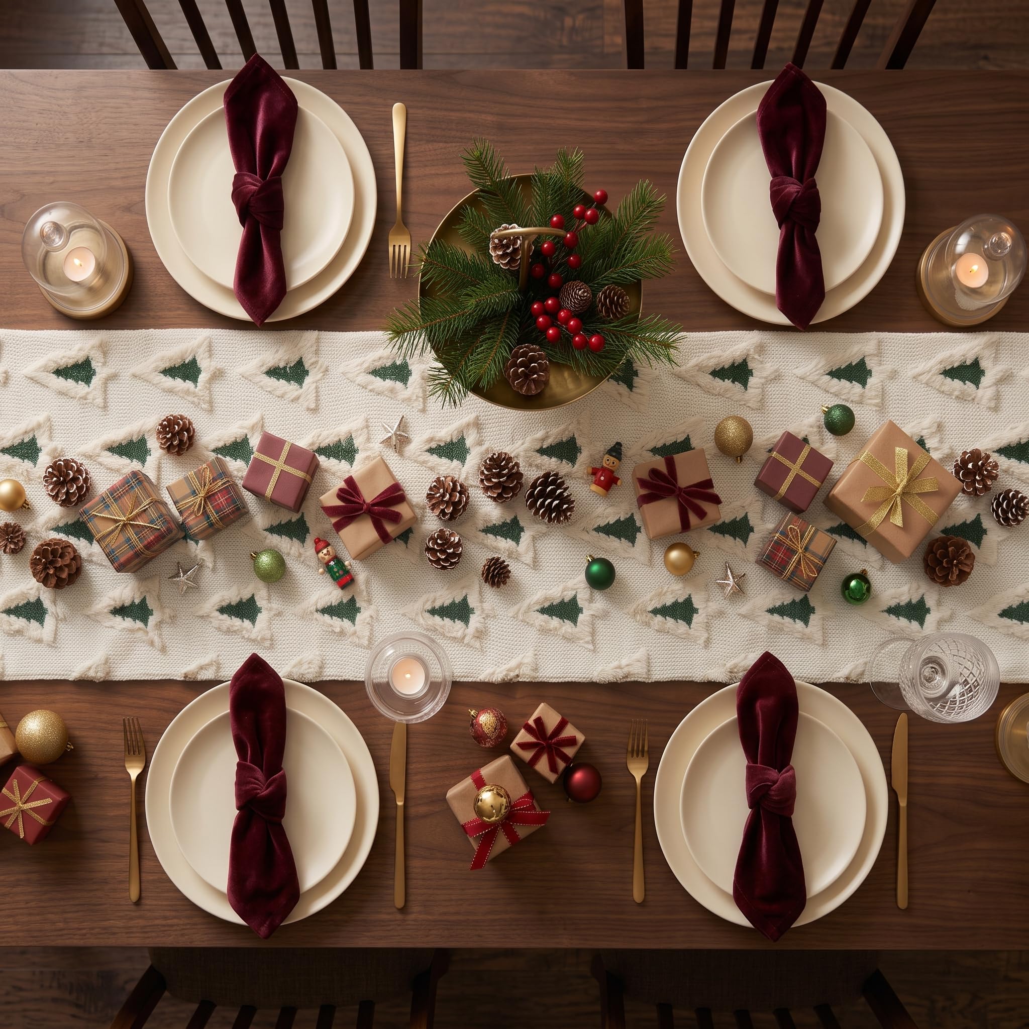 Christmas Table Runner 13x72 Inch Christmas Tree Beige Soft Plush Faux Fur Jacquard Winter Table Runner Kitchen Dining Table Christmas Decoration for Home Party Decor thumbnail