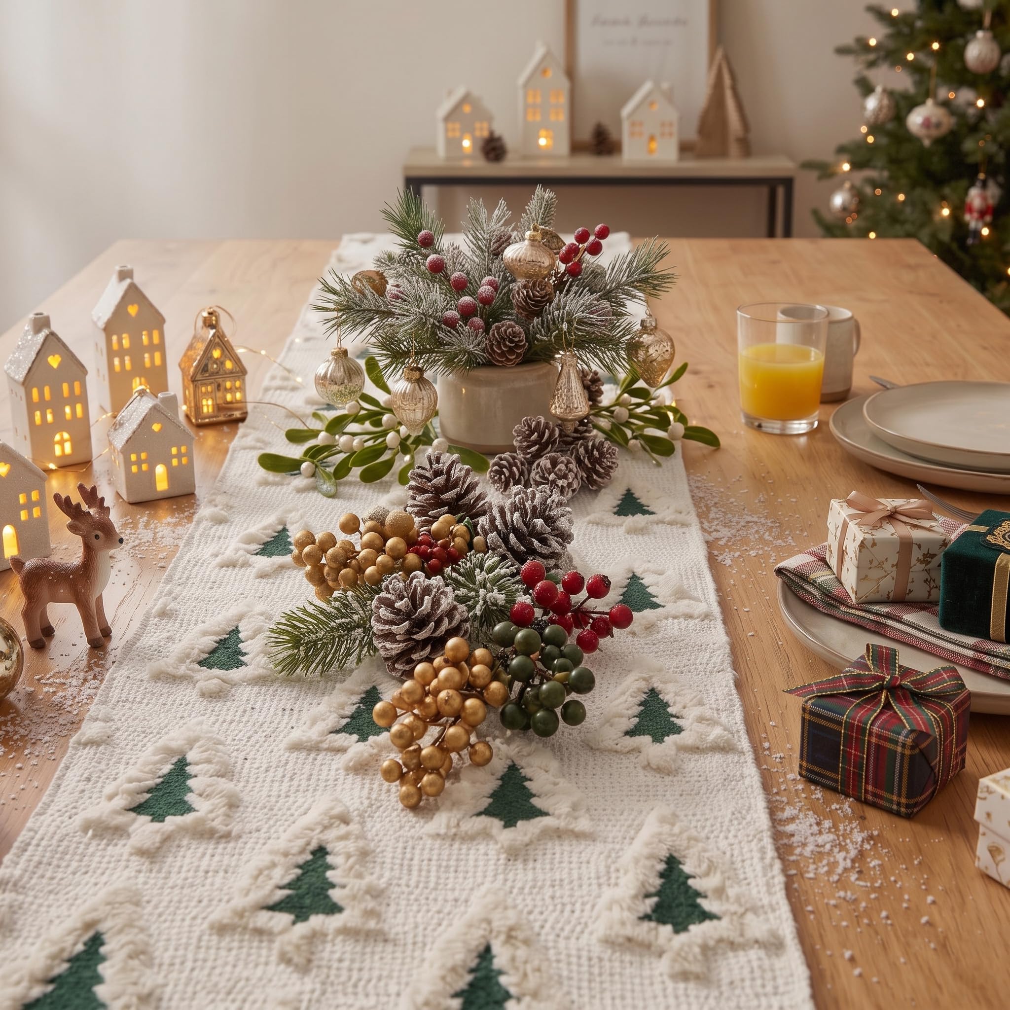 Christmas Table Runner 13x72 Inch Christmas Tree Beige Soft Plush Faux Fur Jacquard Winter Table Runner Kitchen Dining Table Christmas Decoration for Home Party Decor thumbnail