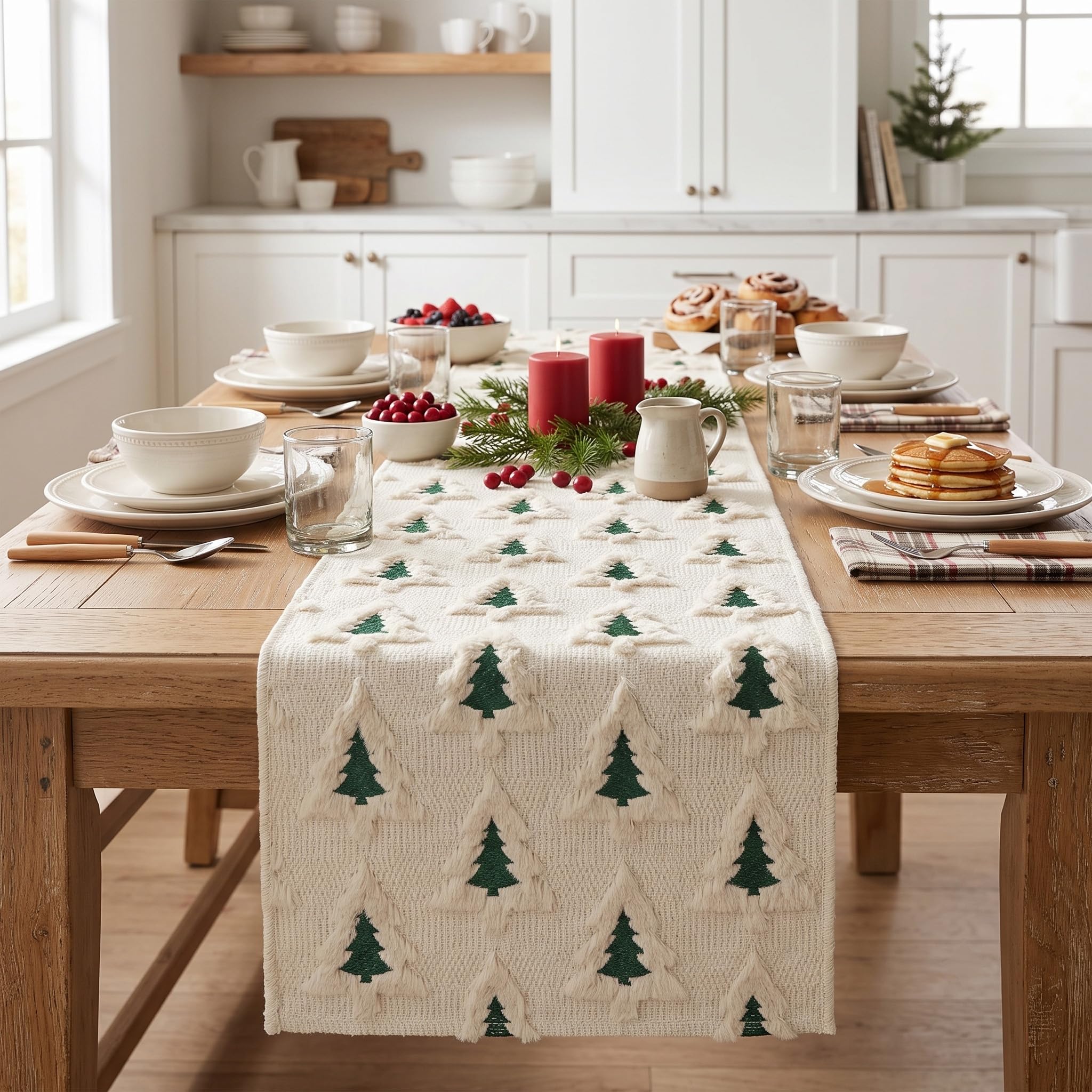 Christmas Table Runner 13x72 Inch Christmas Tree Beige Soft Plush Faux Fur Jacquard Winter Table Runner Kitchen Dining Table Christmas Decoration for Home Party Decor thumbnail