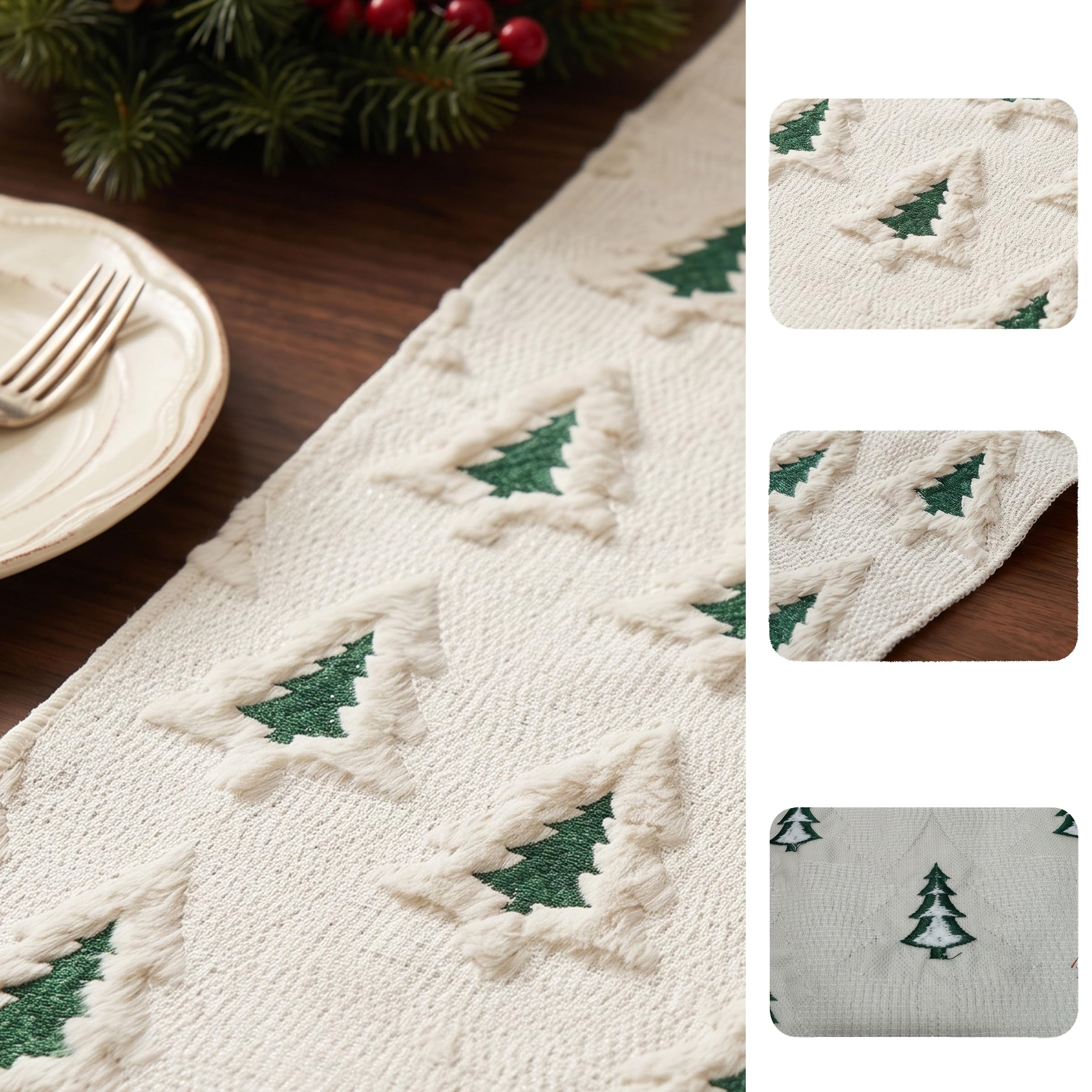 Christmas Table Runner 13x72 Inch Christmas Tree Beige Soft Plush Faux Fur Jacquard Winter Table Runner Kitchen Dining Table Christmas Decoration for Home Party Decor thumbnail