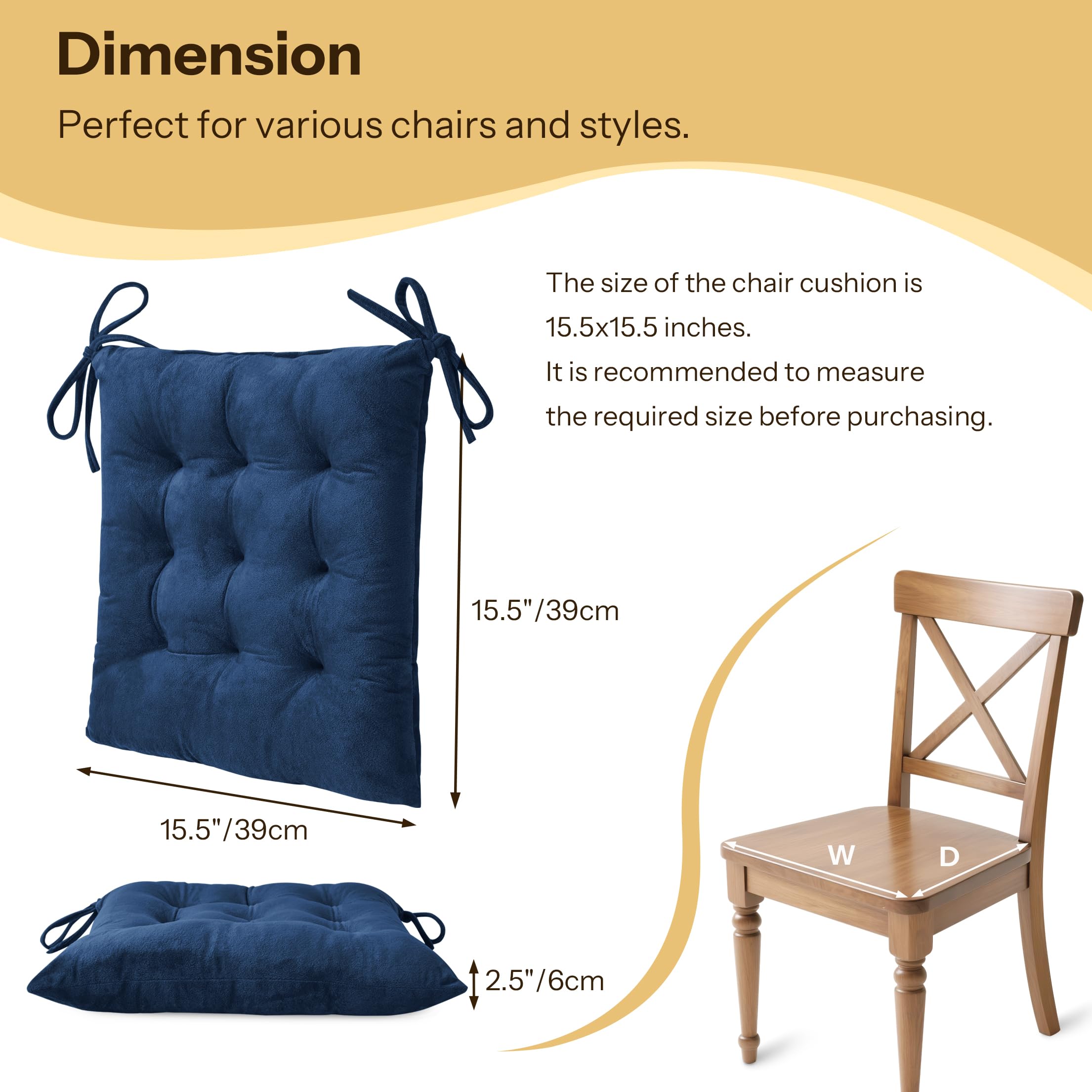 Kitchen Chair Cushions Set of 4 with Ties 15.5"x15.5" Navy thumbnail
