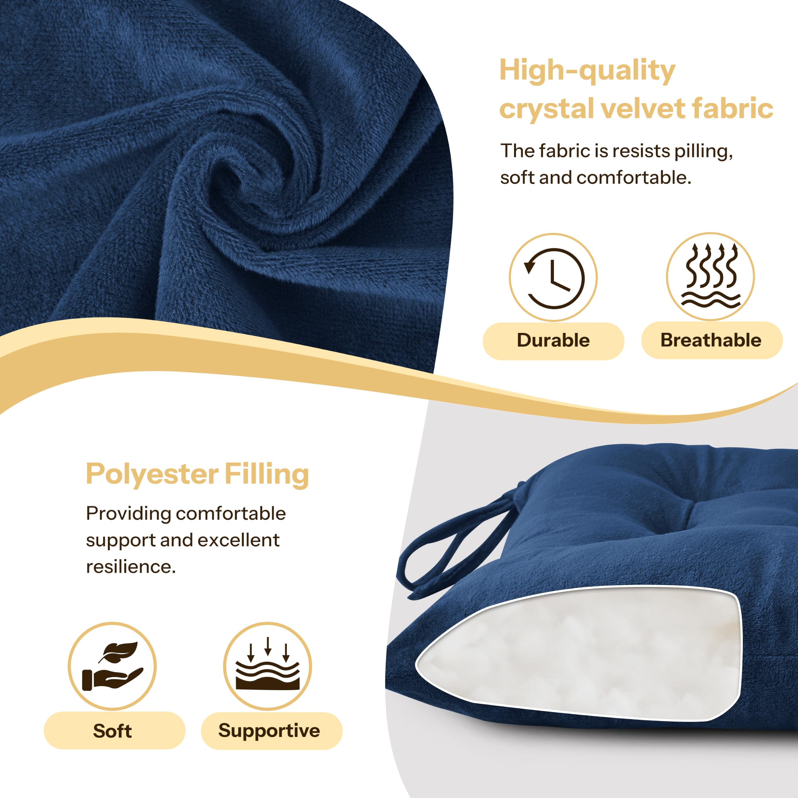 Kitchen Chair Cushions Set of 4 with Ties 15.5"x15.5" Navy thumbnail