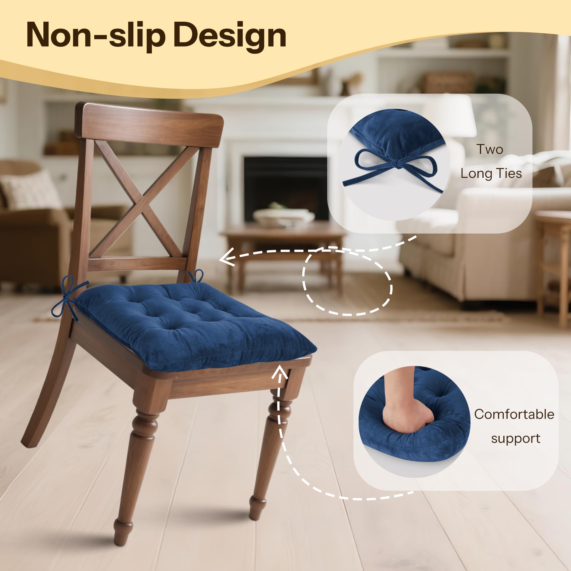 Kitchen Chair Cushions Set of 4 with Ties 15.5"x15.5" Navy thumbnail