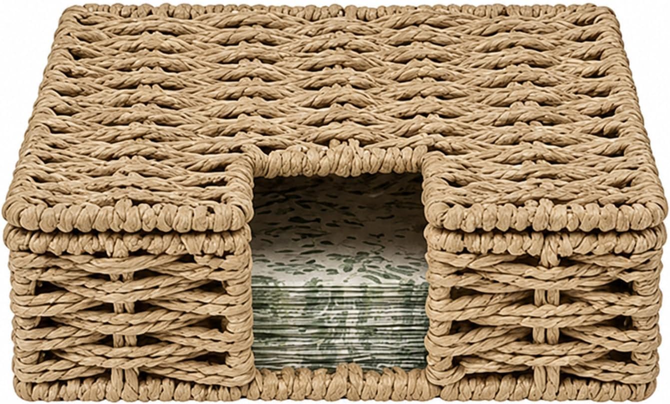 Lidded Rattan Wicker Napkin Holder, Square Decorative Napkin Caddy