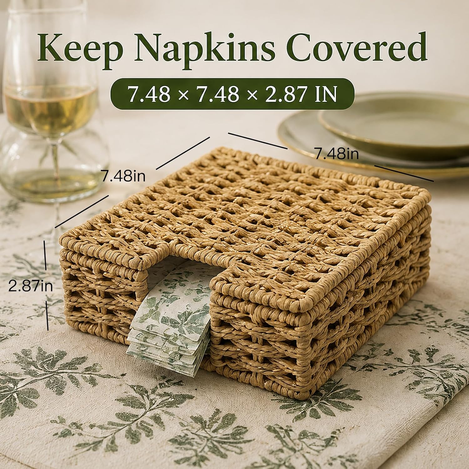 Lidded Rattan Wicker Napkin Holder, Square Decorative Napkin Caddy thumbnail