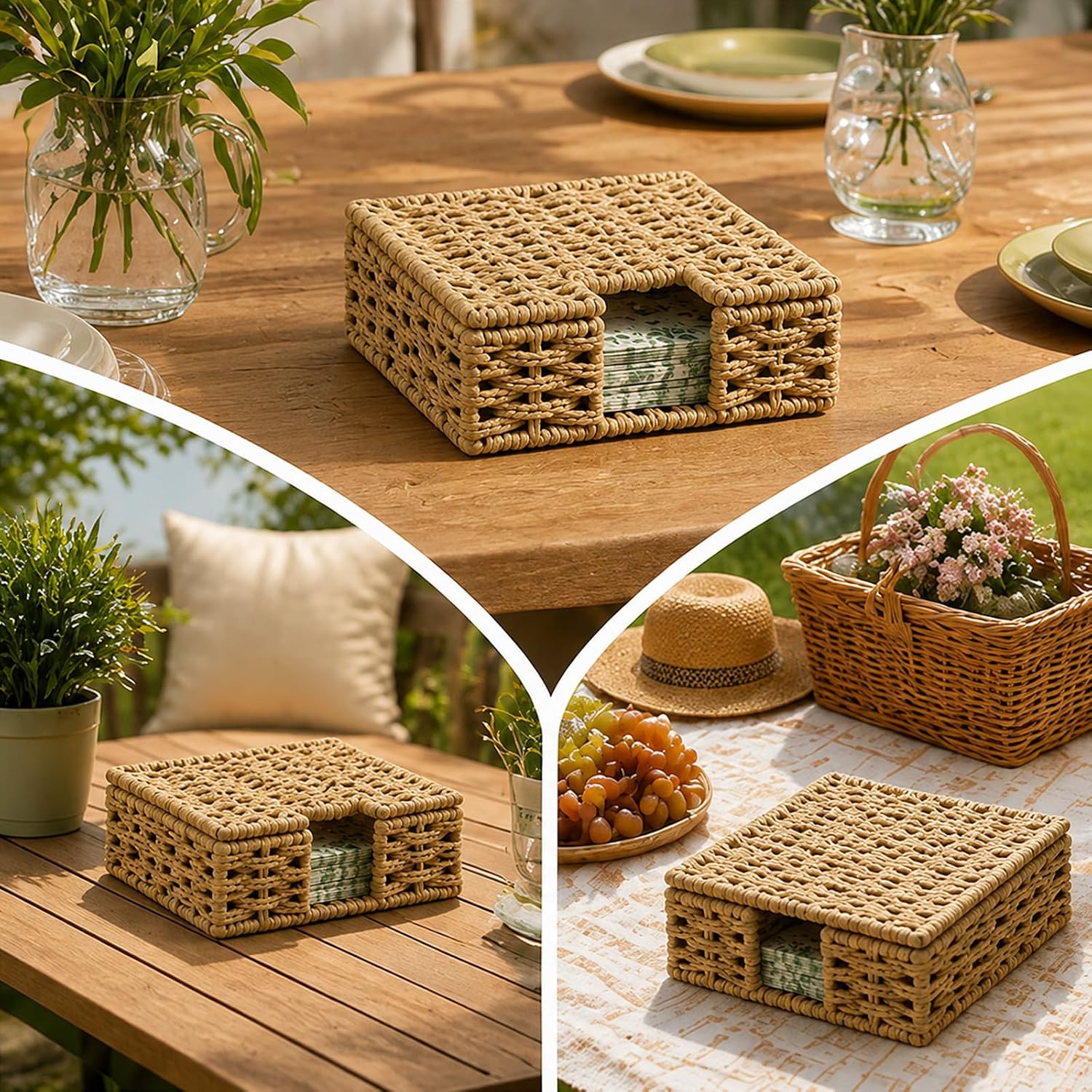 Lidded Rattan Wicker Napkin Holder, Square Decorative Napkin Caddy thumbnail