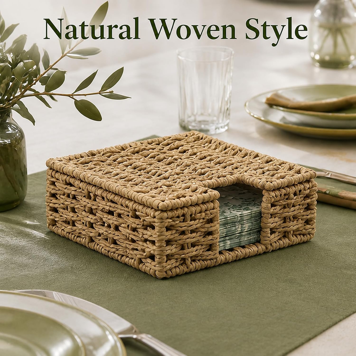 Lidded Rattan Wicker Napkin Holder, Square Decorative Napkin Caddy thumbnail