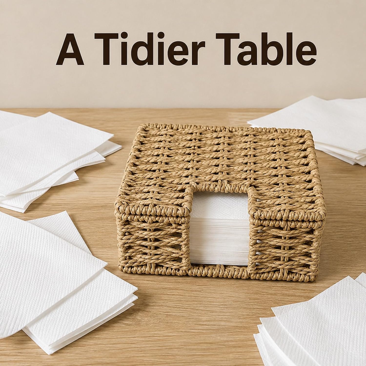 Lidded Rattan Wicker Napkin Holder, Square Decorative Napkin Caddy thumbnail