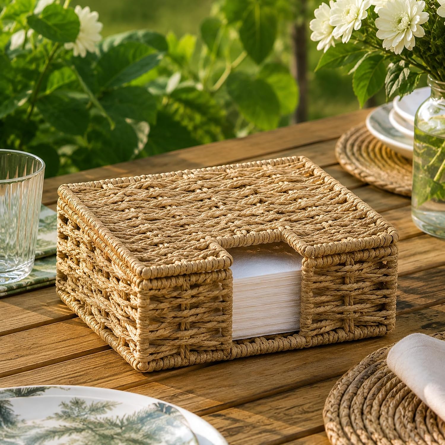 Lidded Rattan Wicker Napkin Holder, Square Decorative Napkin Caddy thumbnail