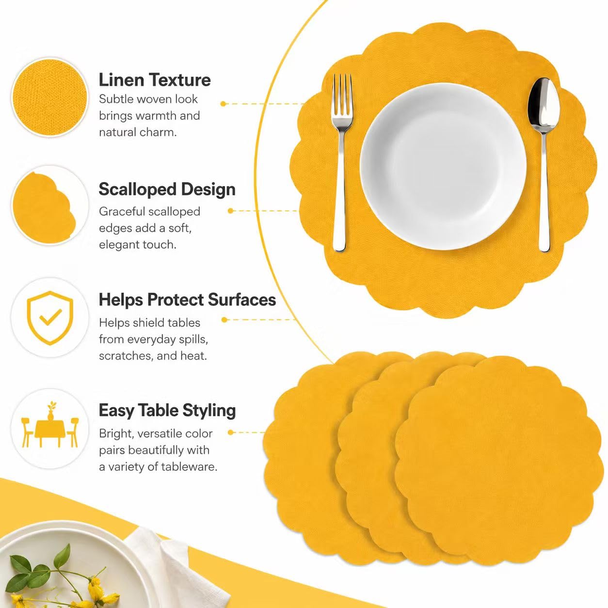 Linen Flower Placemats 4 Pack Yellow Round Table Mats Heat Resistant Decor thumbnail