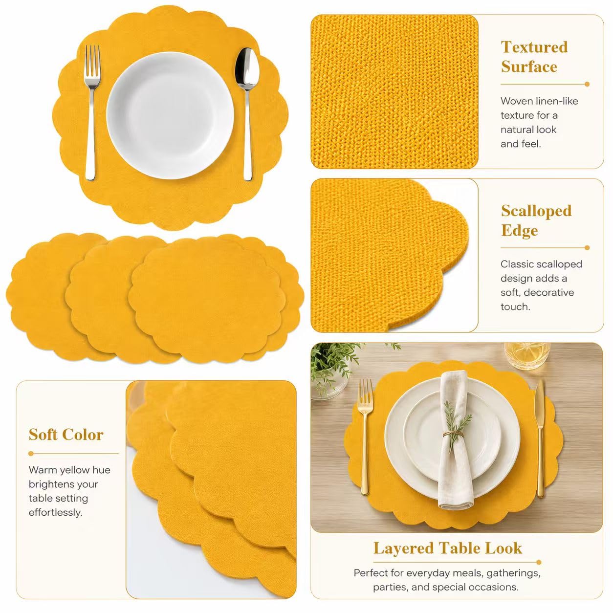 Linen Flower Placemats 4 Pack Yellow Round Table Mats Heat Resistant Decor thumbnail