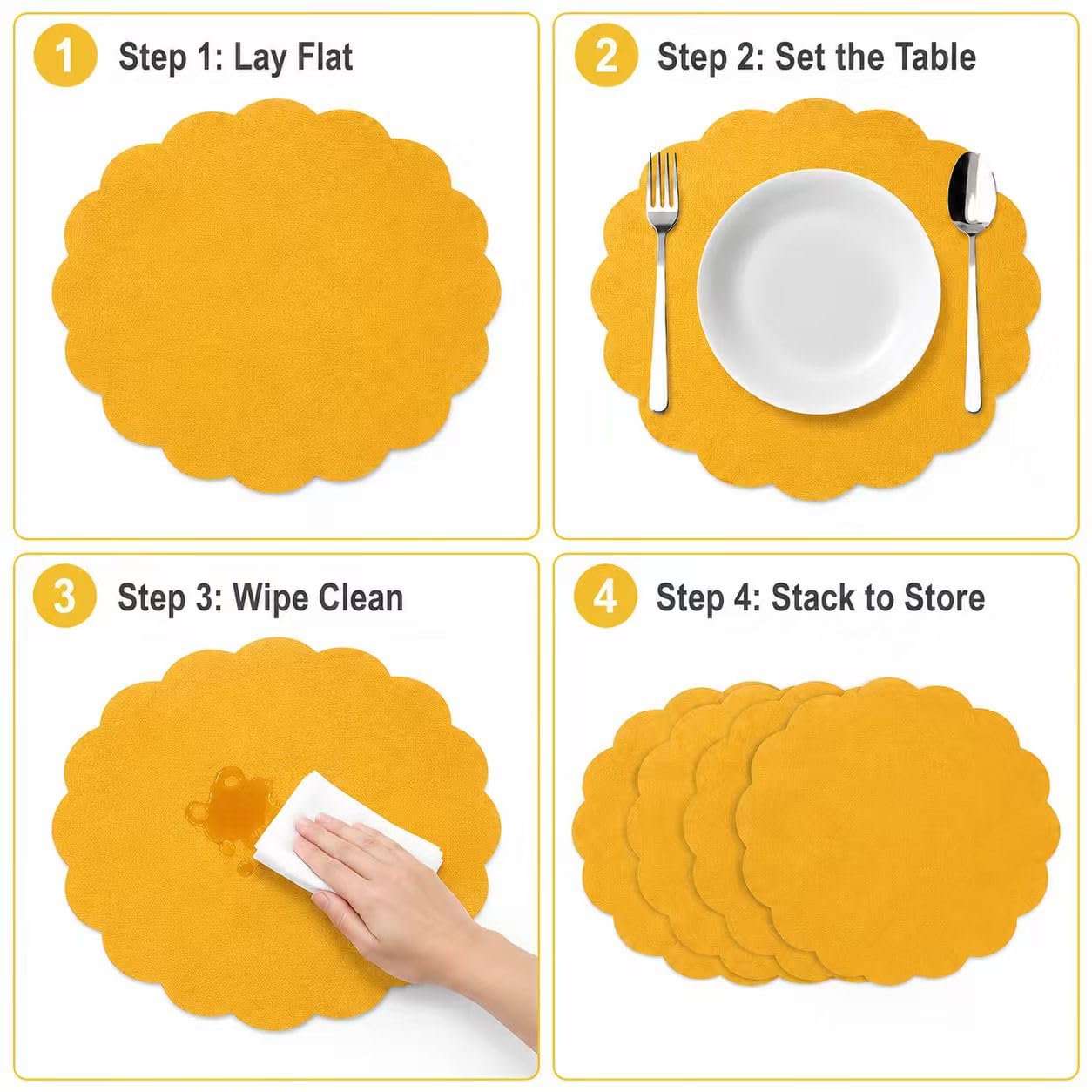 Linen Flower Placemats 4 Pack Yellow Round Table Mats Heat Resistant Decor thumbnail