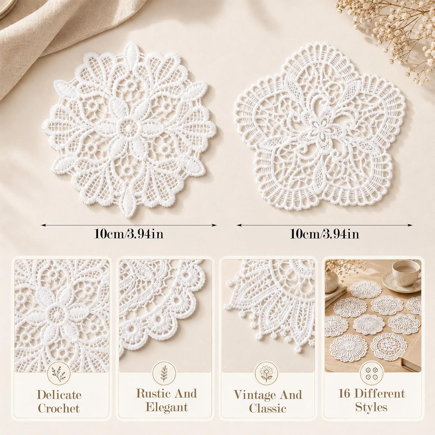 16Pcs Cotton Lace Doilies White Round Crochet Table Mats 10cm thumbnail