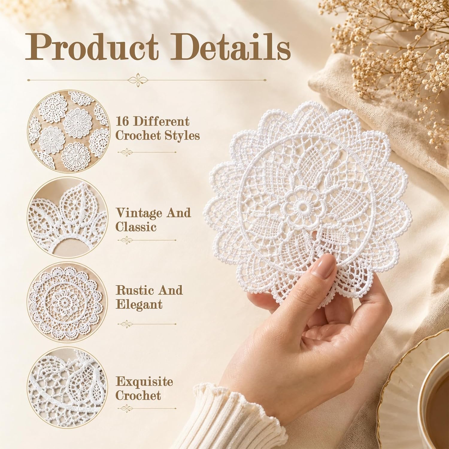 16Pcs Cotton Lace Doilies White Round Crochet Table Mats 10cm thumbnail