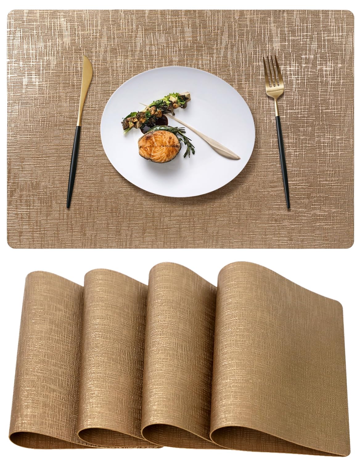 Placemats Set of 4, 12 x 17 Inch Reversible Faux Leather Placemats, 100% Waterproof & Oilproof Wipeable Heat Resistant Table Mats for Dining, Kitchen, Indoor & Outdoor, Champagne Gold
