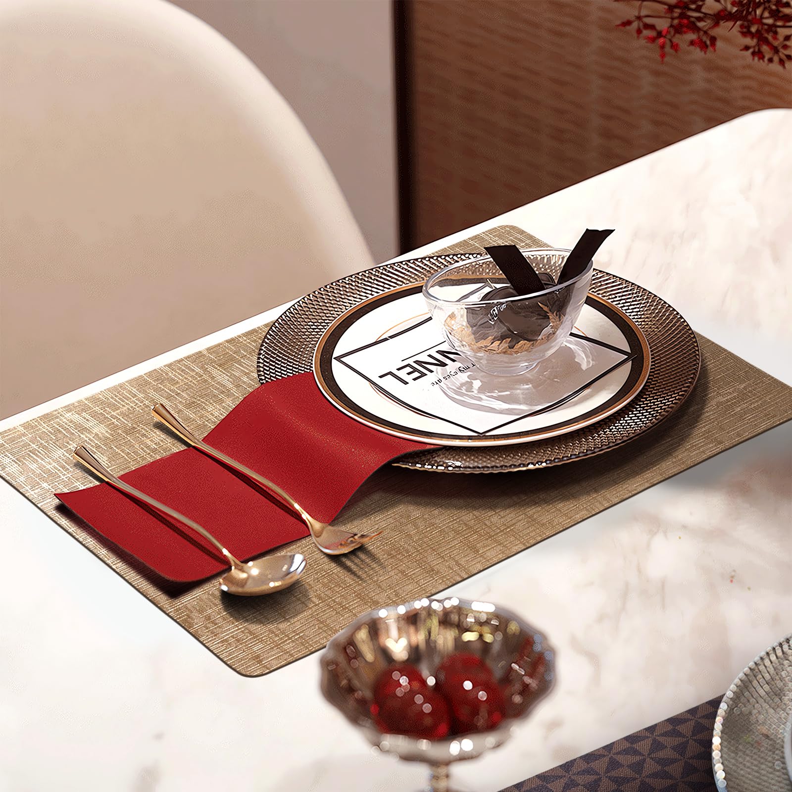 Placemats Set of 4, 12 x 17 Inch Reversible Faux Leather Placemats, 100% Waterproof & Oilproof Wipeable Heat Resistant Table Mats for Dining, Kitchen, Indoor & Outdoor, Champagne Gold thumbnail