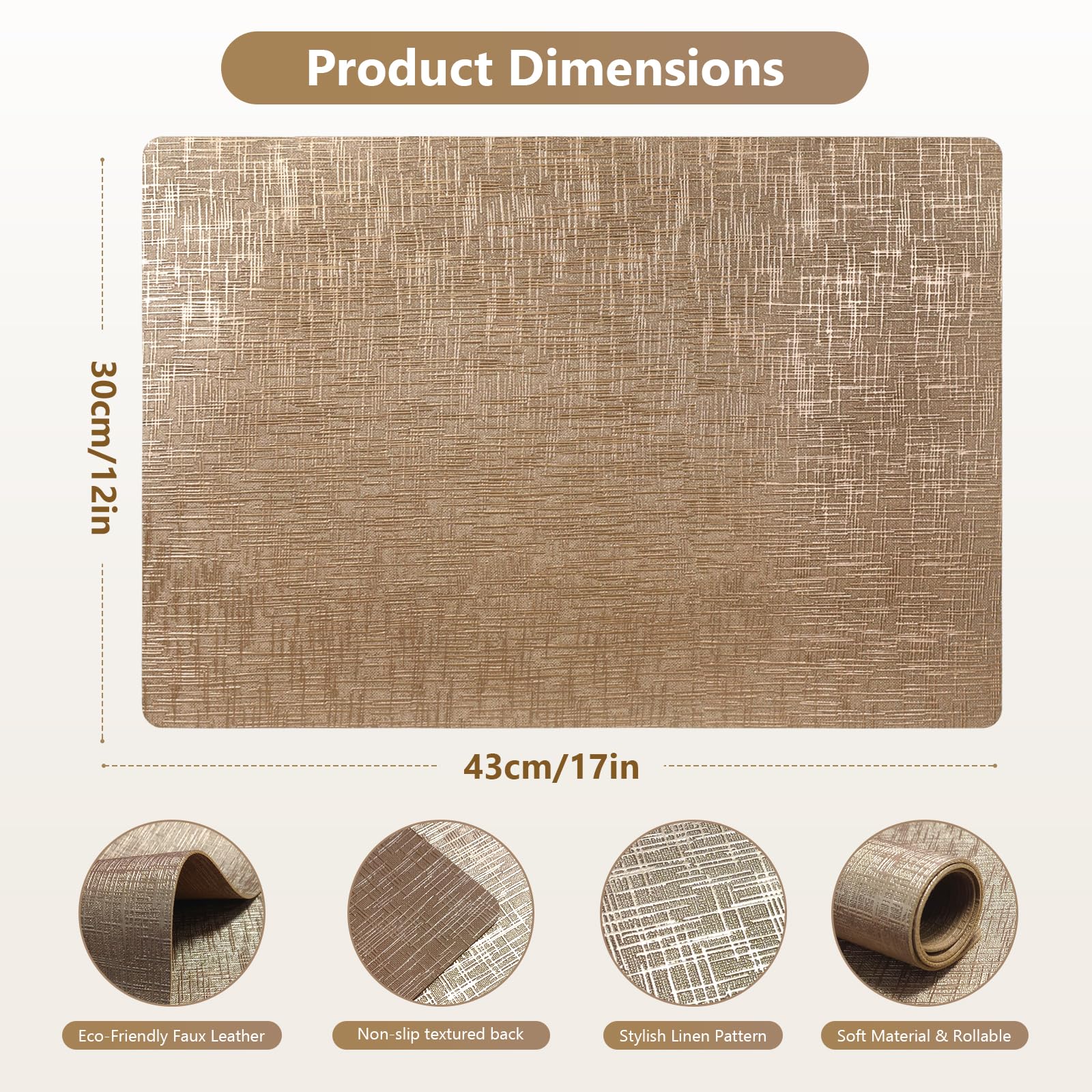 Placemats Set of 4, 12 x 17 Inch Reversible Faux Leather Placemats, 100% Waterproof & Oilproof Wipeable Heat Resistant Table Mats for Dining, Kitchen, Indoor & Outdoor, Champagne Gold thumbnail