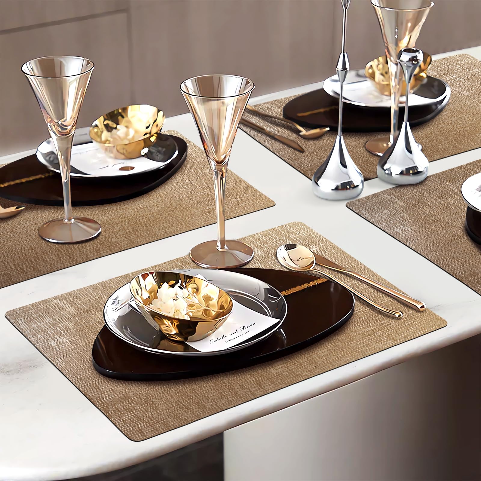 Placemats Set of 4, 12 x 17 Inch Reversible Faux Leather Placemats, 100% Waterproof & Oilproof Wipeable Heat Resistant Table Mats for Dining, Kitchen, Indoor & Outdoor, Champagne Gold thumbnail