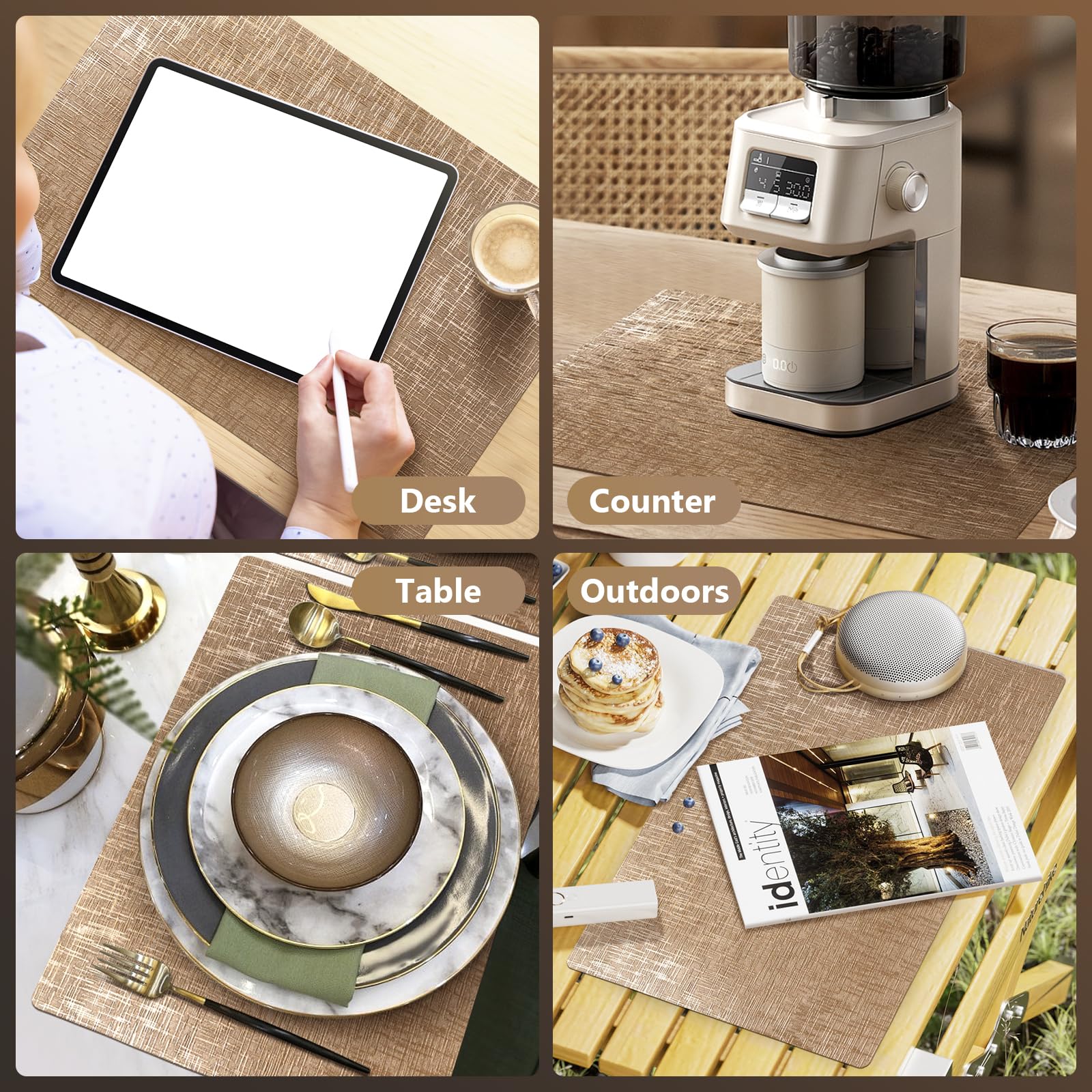 Placemats Set of 4, 12 x 17 Inch Reversible Faux Leather Placemats, 100% Waterproof & Oilproof Wipeable Heat Resistant Table Mats for Dining, Kitchen, Indoor & Outdoor, Champagne Gold thumbnail