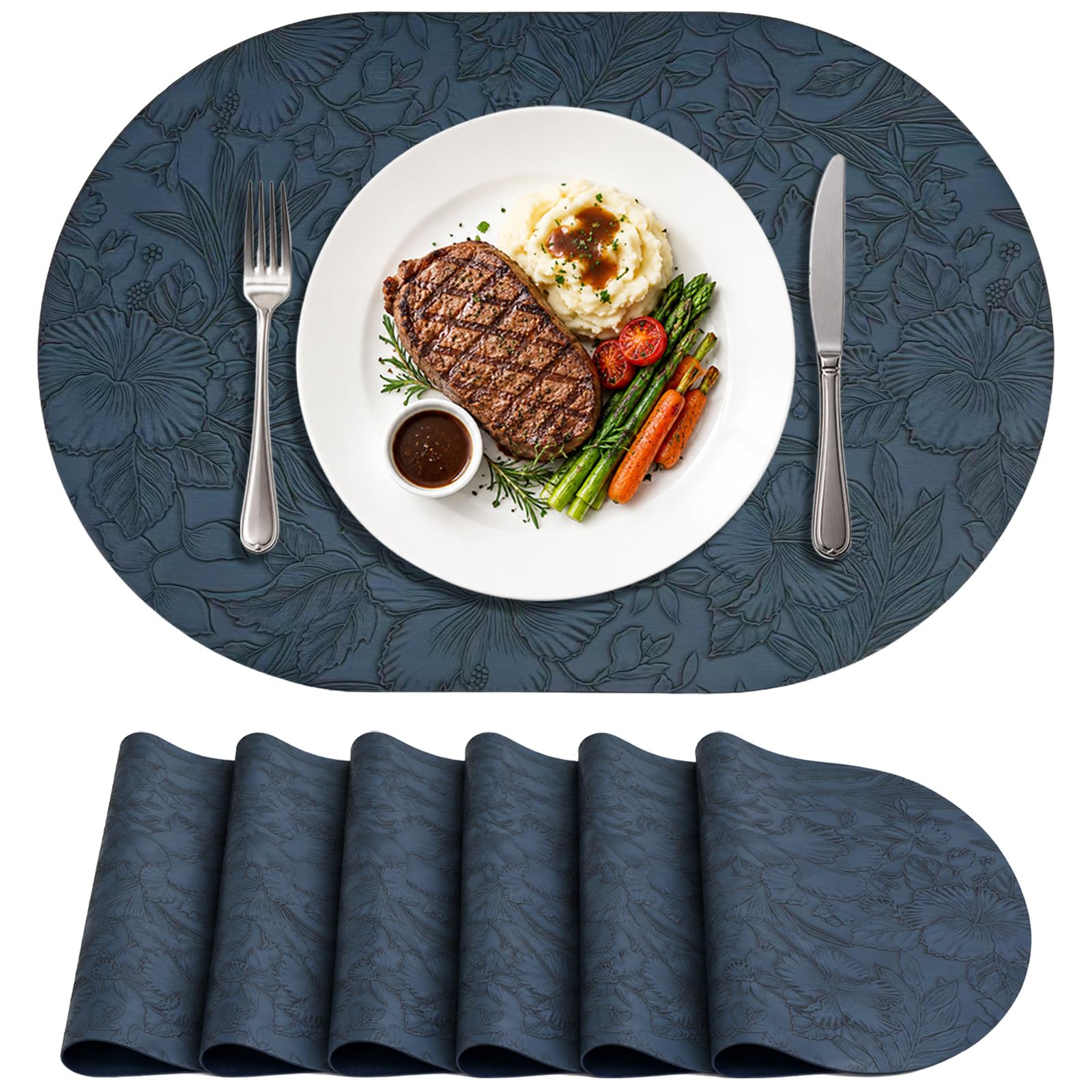 Oval Placemats Set of 6, Faux Leather Heat Resistant Washable Place Mats, Waterproof Non Slip Oil-Resistant Table Mats for Kitchen, Dining, Outdoor, Coffee Table(Blue)