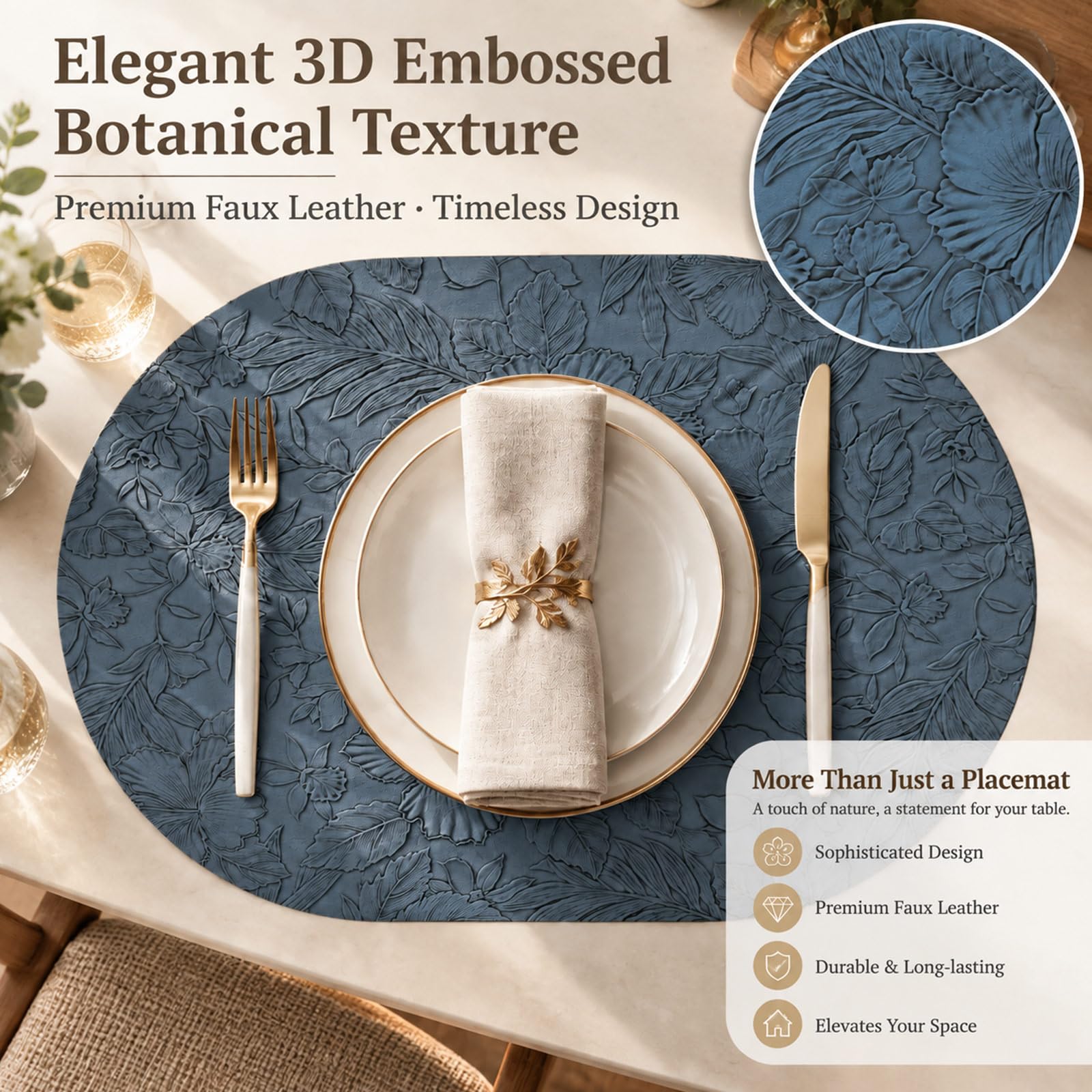 Oval Placemats Set of 6, Faux Leather Heat Resistant Washable Place Mats, Waterproof Non Slip Oil-Resistant Table Mats for Kitchen, Dining, Outdoor, Coffee Table(Blue) thumbnail