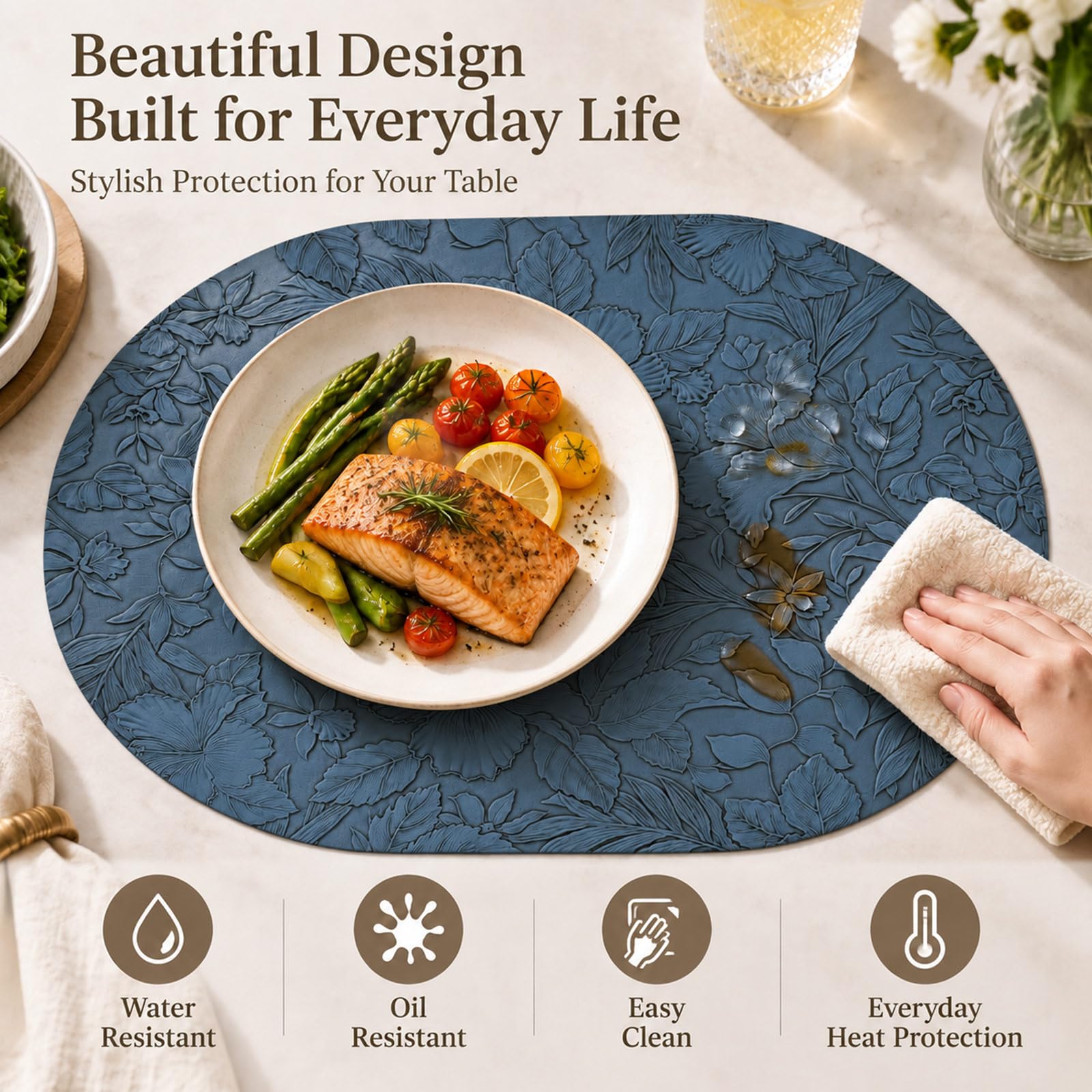 Oval Placemats Set of 6, Faux Leather Heat Resistant Washable Place Mats, Waterproof Non Slip Oil-Resistant Table Mats for Kitchen, Dining, Outdoor, Coffee Table(Blue) thumbnail