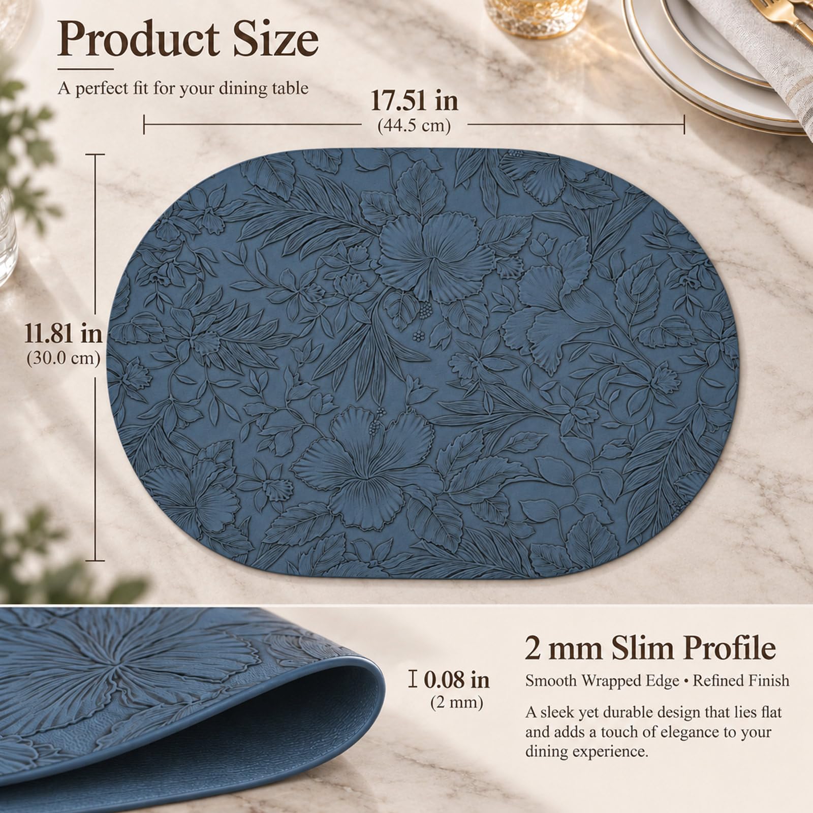 Oval Placemats Set of 6, Faux Leather Heat Resistant Washable Place Mats, Waterproof Non Slip Oil-Resistant Table Mats for Kitchen, Dining, Outdoor, Coffee Table(Blue) thumbnail