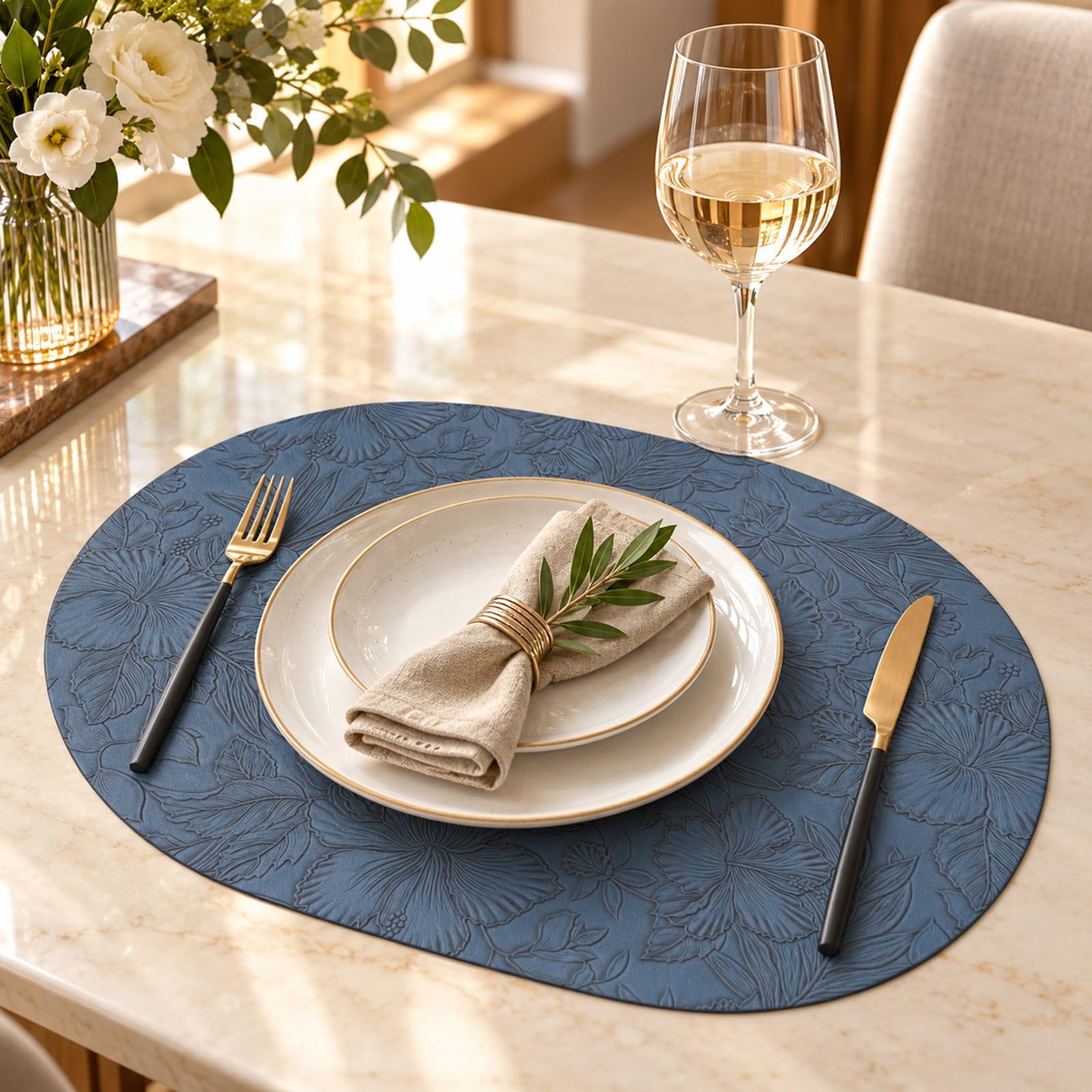 Oval Placemats Set of 6, Faux Leather Heat Resistant Washable Place Mats, Waterproof Non Slip Oil-Resistant Table Mats for Kitchen, Dining, Outdoor, Coffee Table(Blue) thumbnail