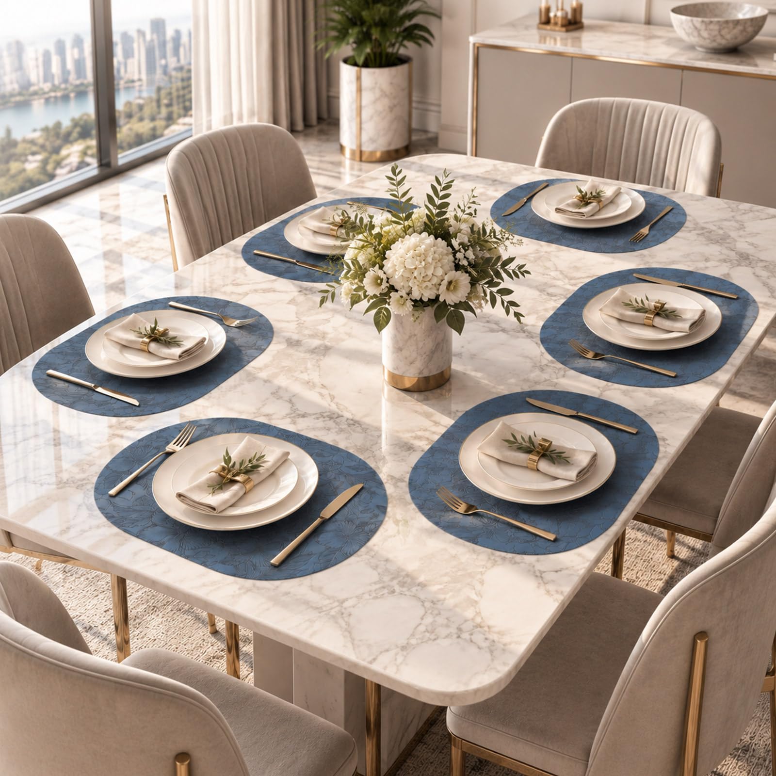 Oval Placemats Set of 6, Faux Leather Heat Resistant Washable Place Mats, Waterproof Non Slip Oil-Resistant Table Mats for Kitchen, Dining, Outdoor, Coffee Table(Blue) thumbnail
