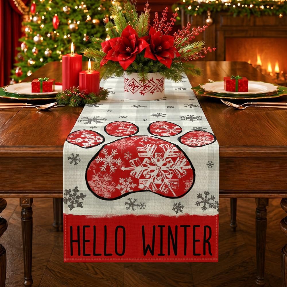 Hello Winter Red Dog Paw Snowflake Buffalo Plaid Xmas Table Runner, Farmhouse Winter Christmas Holiday Dining Table Decor for Kitchen Indoor Party Decoration 13 x 120 inch thumbnail
