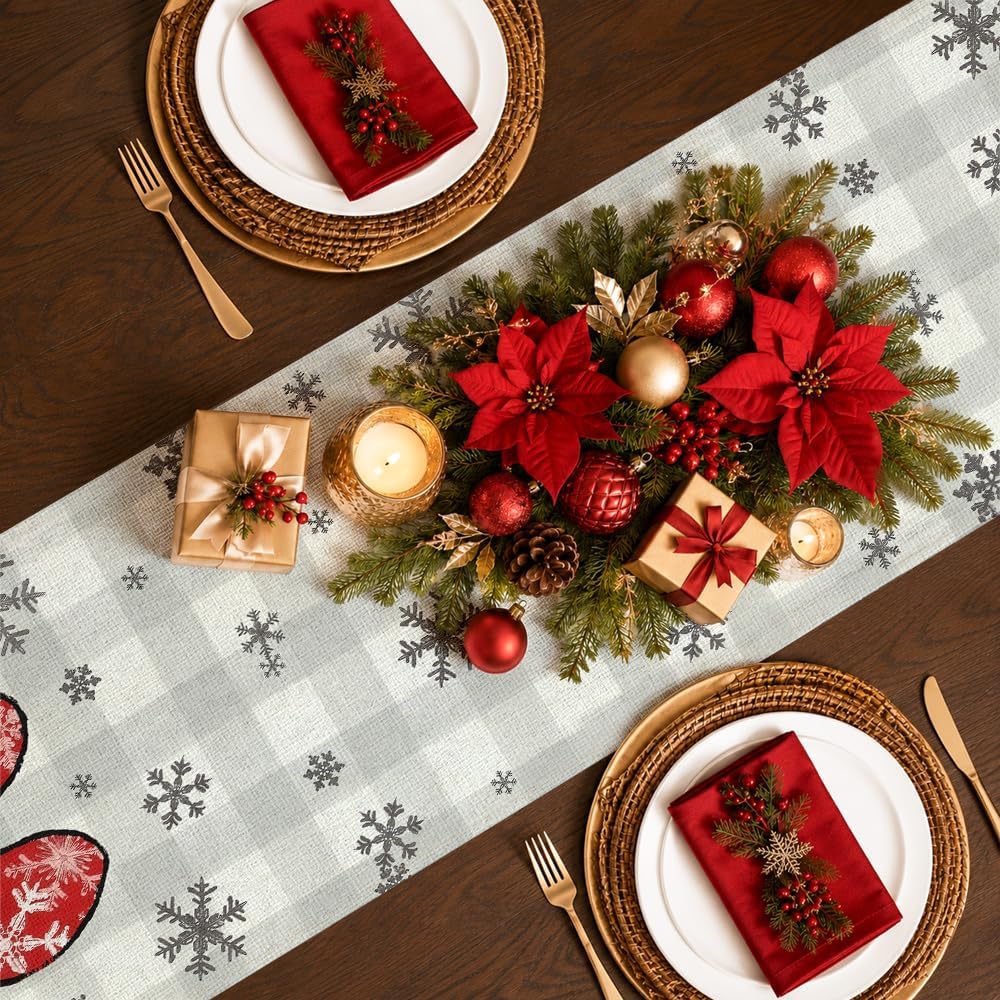 Hello Winter Red Dog Paw Snowflake Buffalo Plaid Xmas Table Runner, Farmhouse Winter Christmas Holiday Dining Table Decor for Kitchen Indoor Party Decoration 13 x 120 inch thumbnail