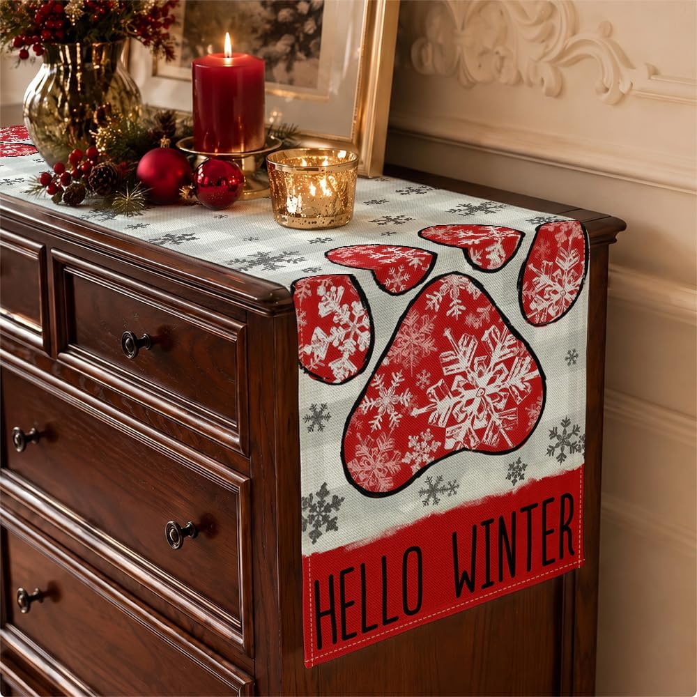 Hello Winter Red Dog Paw Snowflake Buffalo Plaid Xmas Table Runner, Farmhouse Winter Christmas Holiday Dining Table Decor for Kitchen Indoor Party Decoration 13 x 120 inch thumbnail