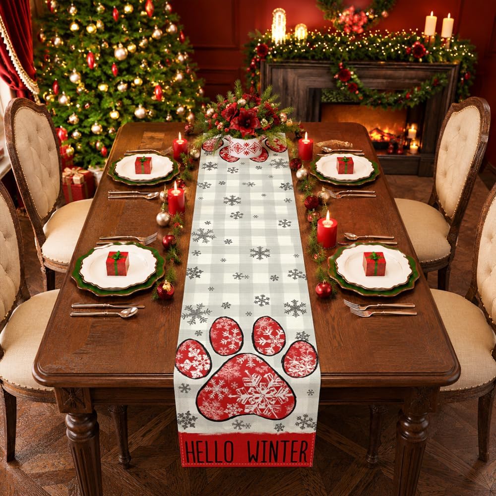Hello Winter Red Dog Paw Snowflake Buffalo Plaid Xmas Table Runner, Farmhouse Winter Christmas Holiday Dining Table Decor for Kitchen Indoor Party Decoration 13 x 120 inch thumbnail