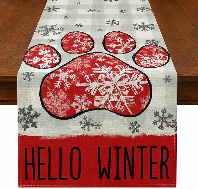 Hello Winter Red Dog Paw Snowflake Buffalo Plaid Xmas Table Runner, Farmhouse Winter Christmas Holiday Dining Table Decor for Kitchen Indoor Party Decoration 13 x 120 inch thumbnail