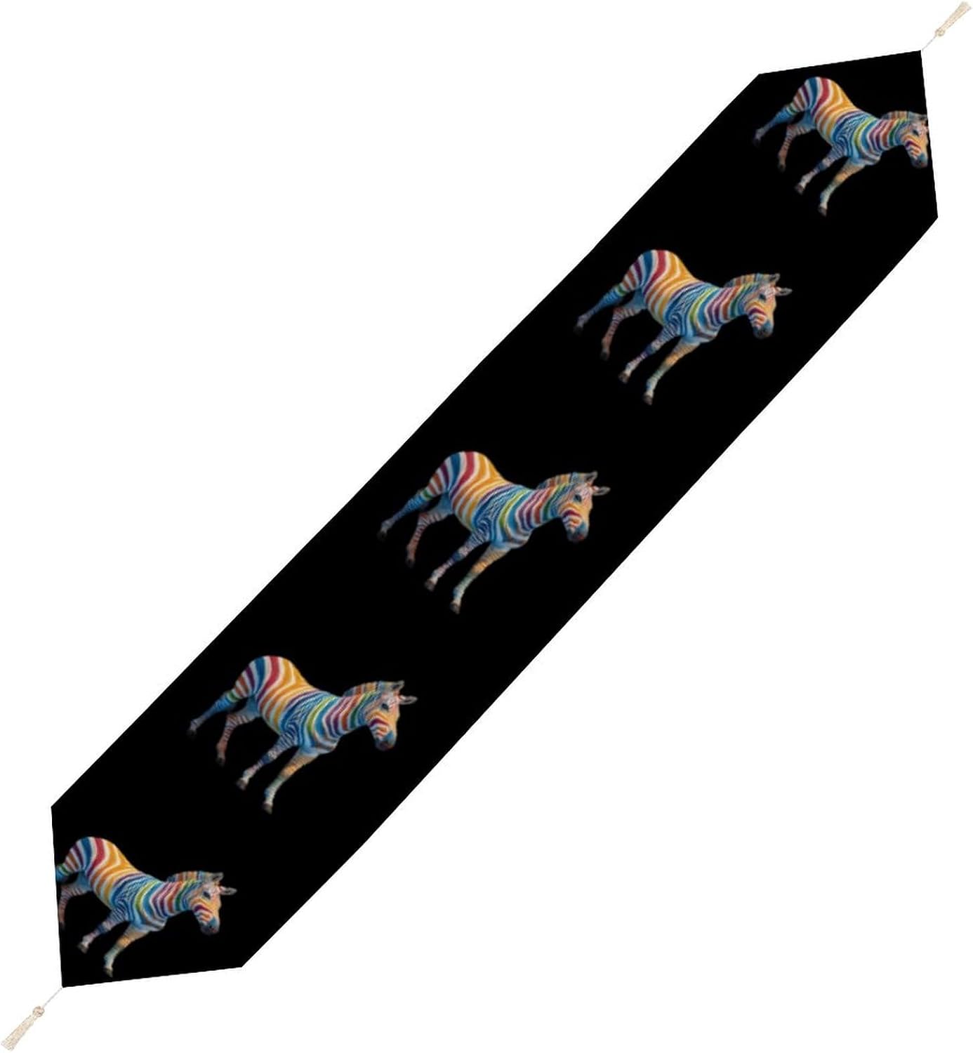 Zebras Rainbow Stripes Soft Table Runner with Tassels Farmhouse 200*33cm
