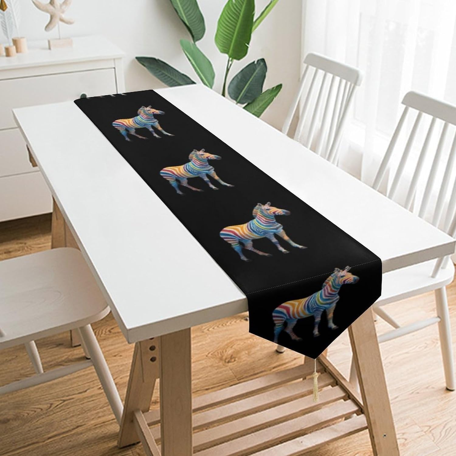 Zebras Rainbow Stripes Soft Table Runner with Tassels Farmhouse 200*33cm thumbnail