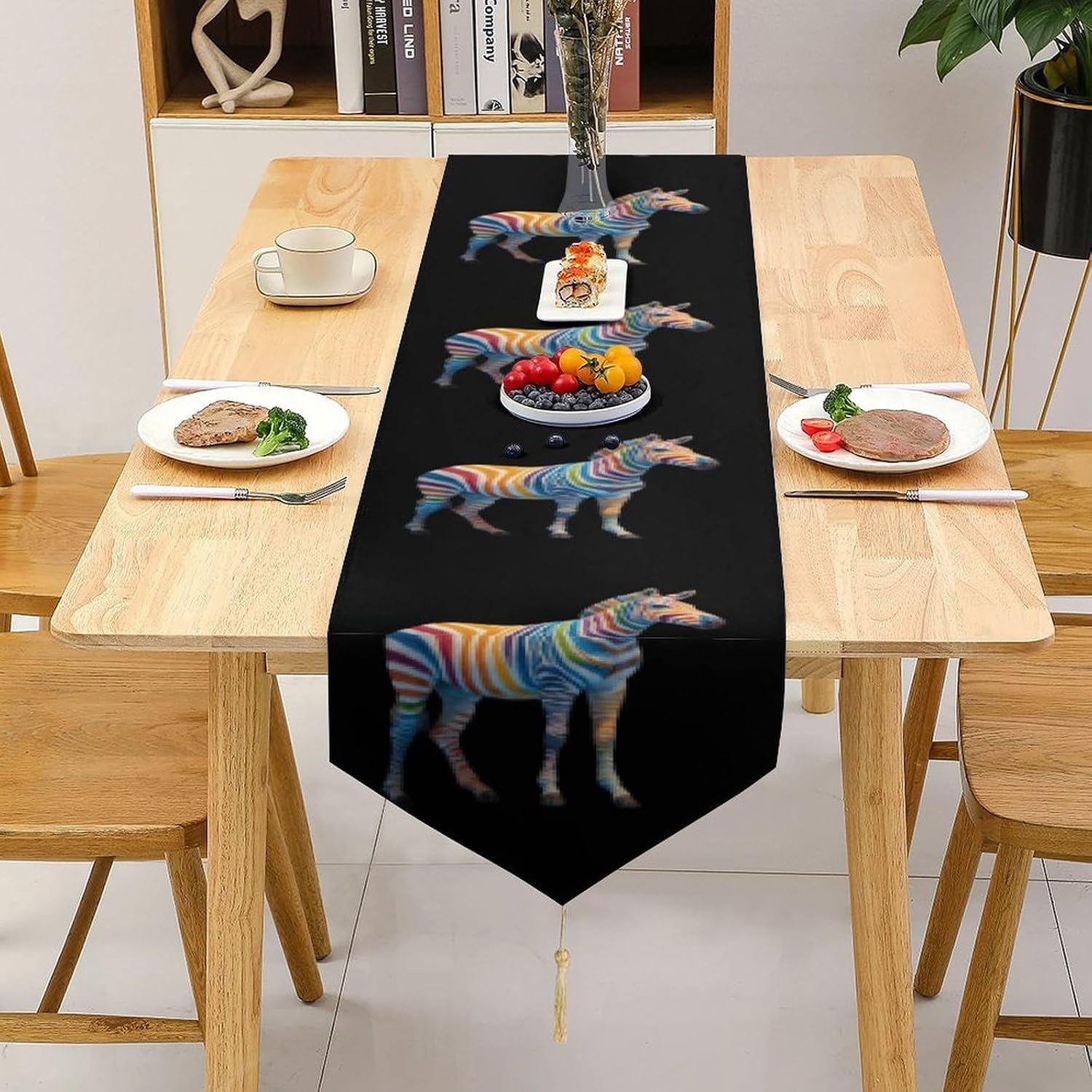 Zebras Rainbow Stripes Soft Table Runner with Tassels Farmhouse 200*33cm thumbnail